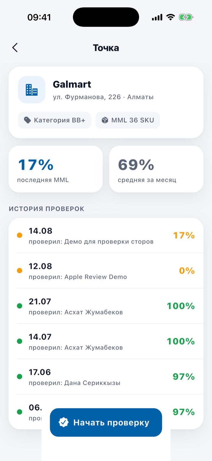 Карточка магазина с историей проверок